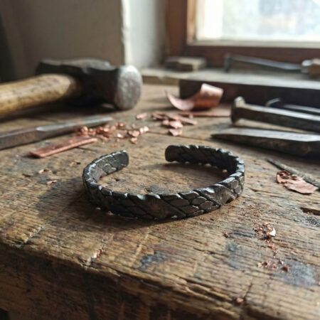 an oxidized copper twisted cuff bracelet with engraved sunburst details, shown on a workshop table