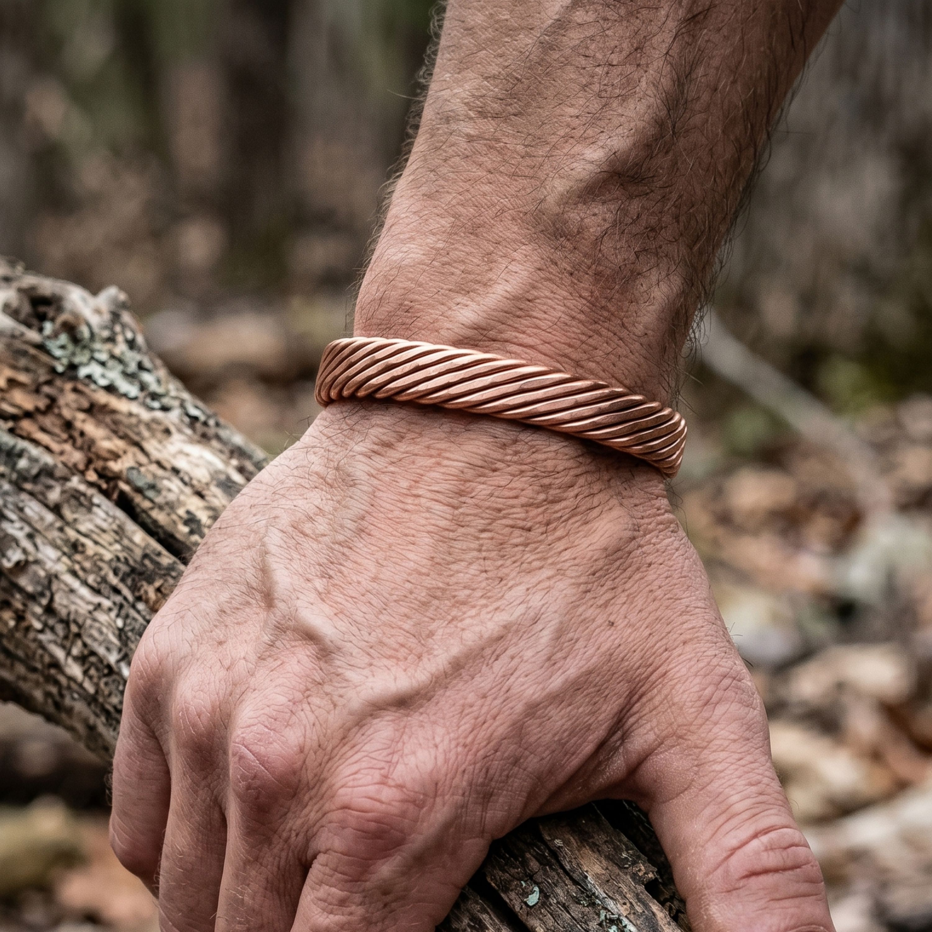 A close-up of a man's arm wearing a tightly woven pure copper cuff bracelet, with his hand resting on a rugged tree branch outdoors