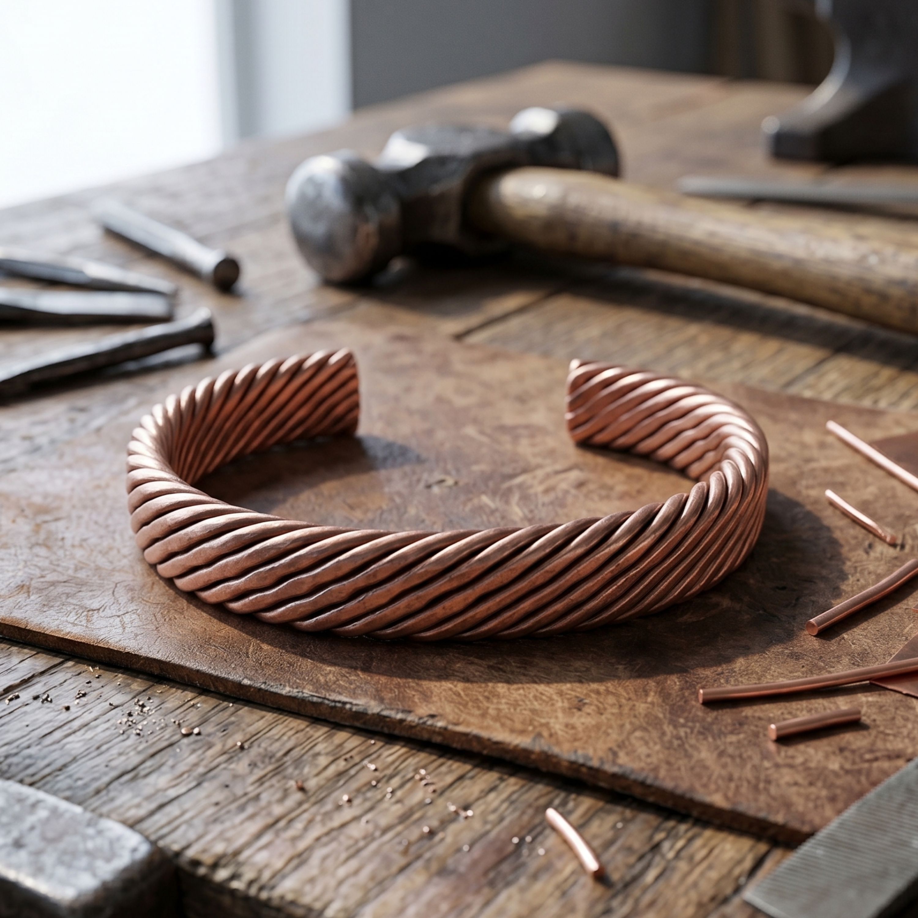 A handcrafted, multi-strand copper wire men's bracelet resting on a leather pad atop a blacksmith's wooden workbench, surrounded by a hammer and metal tools