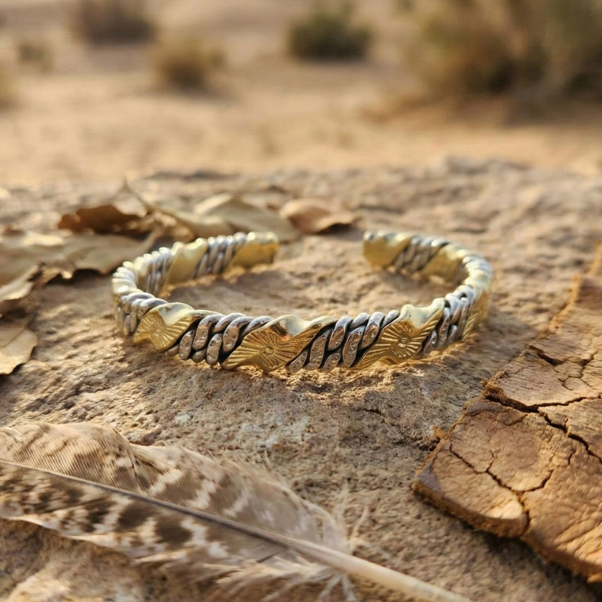 A silver and brass twisted cuff bracelet sitting on a textured rock surface in a desert landscape. It is surrounded by dry leaves, a patterned feather, and a scrap of weathered leather, illuminated by warm natural sunlight.
