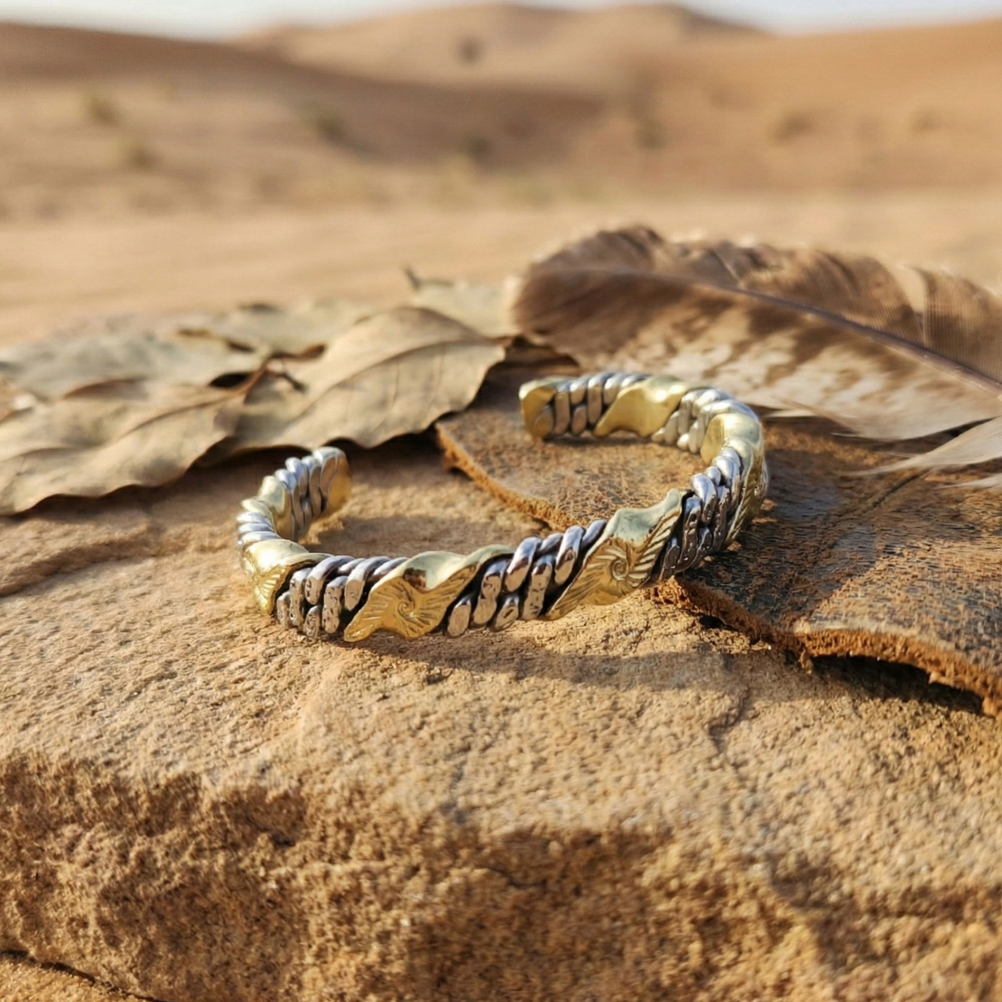 A silver and brass twisted cuff bracelet sitting on a textured rock surface in a desert landscape. It is surrounded by dry leaves, a patterned feather, and a scrap of weathered leather, illuminated by warm natural sunlight.
