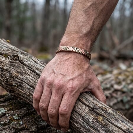 A close-up of a rugged man's hand gripping a textured fallen log in a forest, wearing a heavy two-tone brass and pure copper woven cuff bracelet.