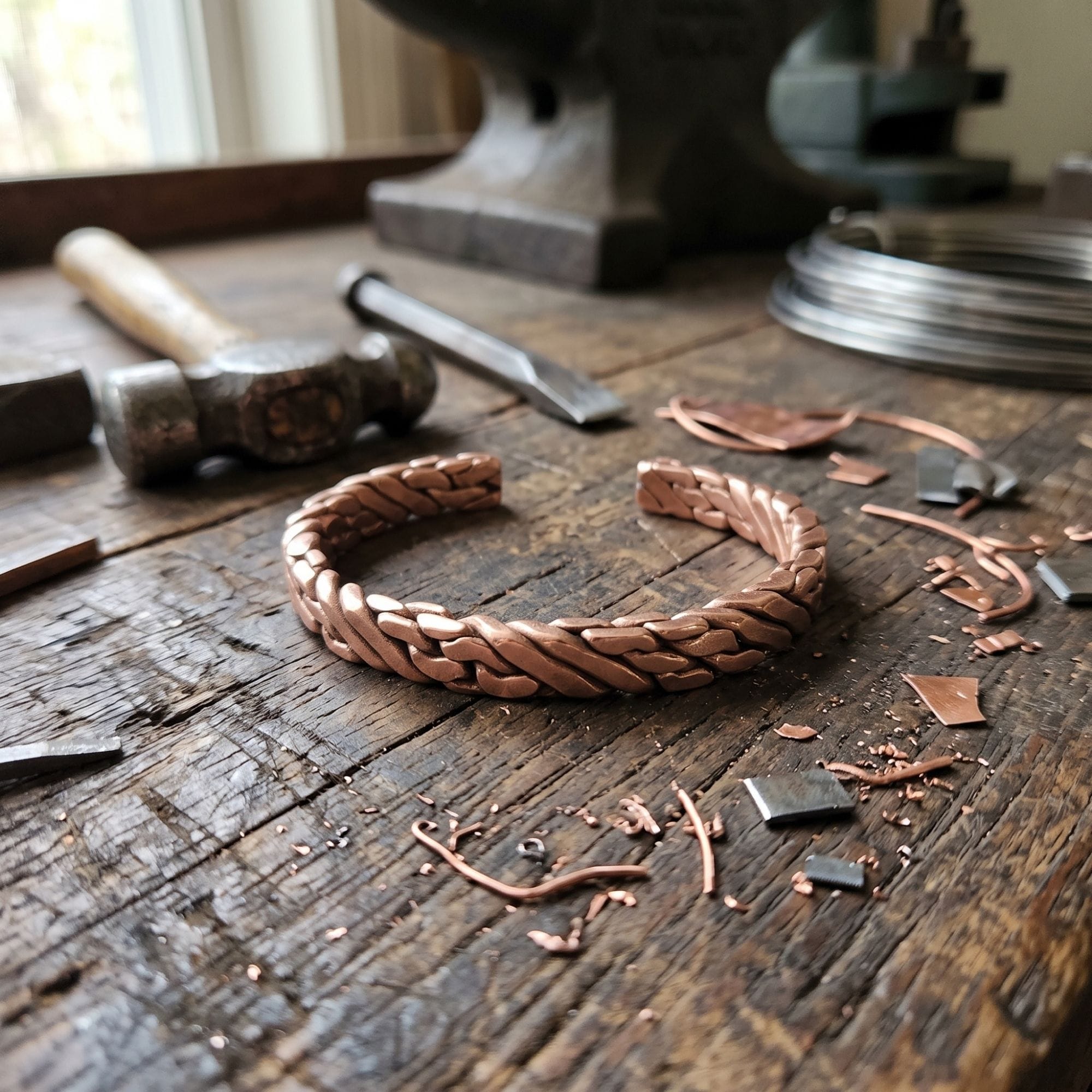 A raw, hand-braided solid copper men's bracelet sitting on a distressed wooden blacksmith workbench, surrounded by metalworking tools including a forging hammer, copper shavings, wire, and an anvil
